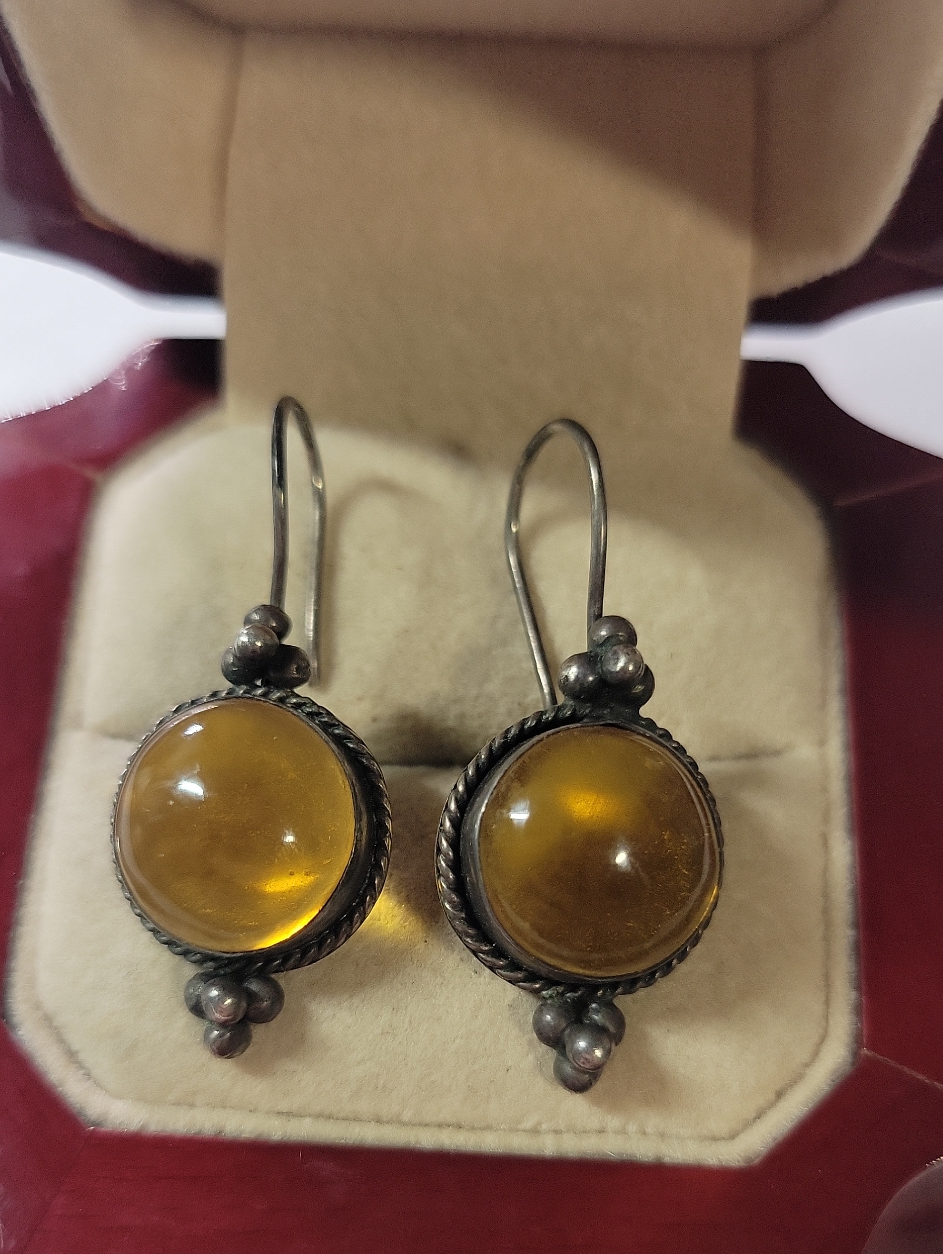 Vintage 925 Amber Glass Cabochon Drop Earrings - Yellow